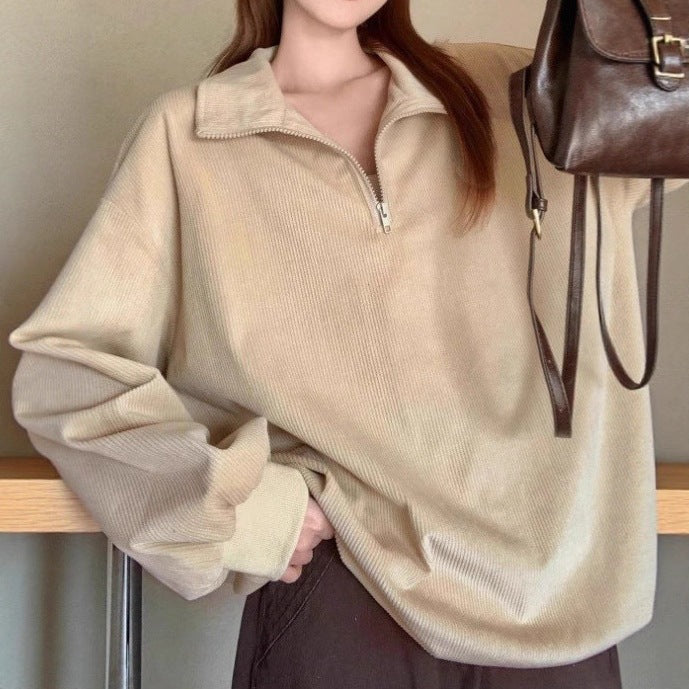 Women's casual corduroy hoodie with leopard print pattern, front view