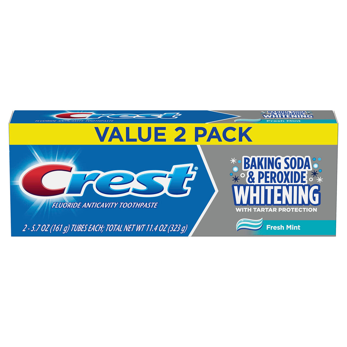 Crest Dual Protection Whitening Toothpaste 5.7 oz 2-pack with mint flavor, featuring toothpaste tubes and packaging.