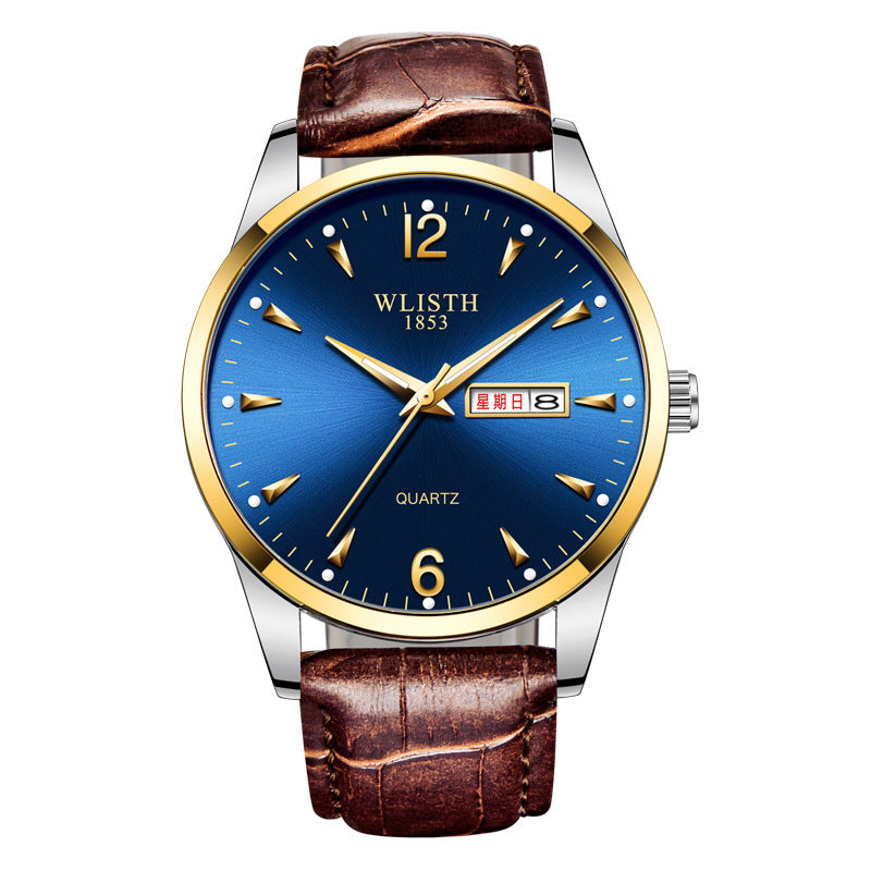 Luminous waterproof men's quartz watch with a leather strap and dark round dial