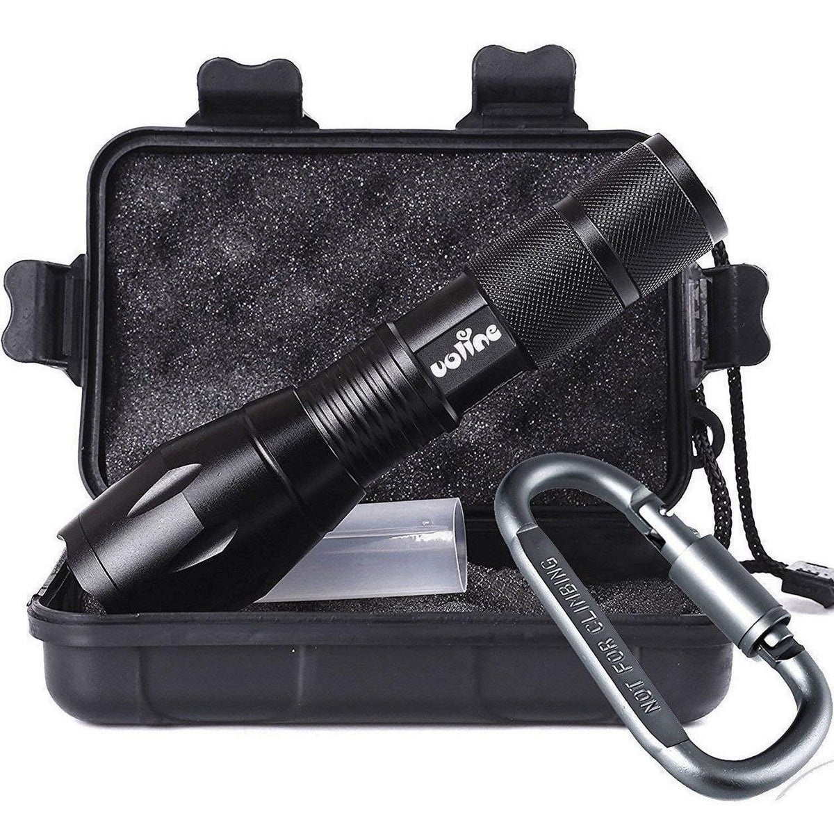 Tactical portable LED flashlight with 1000 lumens and 5 modes, black handheld design