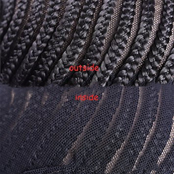 Braided headgear wig displayed on a model, featuring a detailed braided design in a natural style