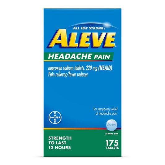 Box of Aleve headache and fever reducer tablets, 175 count, showing the packaging and dosage information.