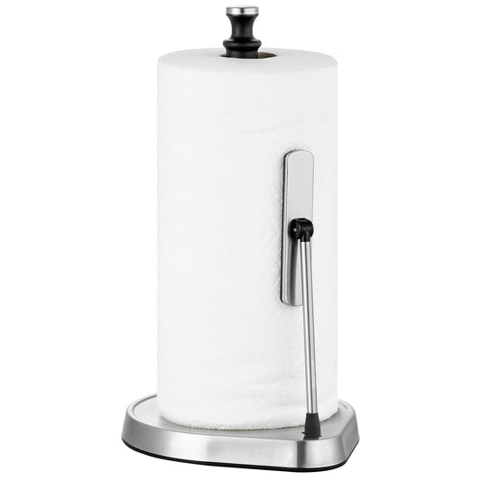 Dailyart Paper Towel Holder for One Hand Tear - Countertop with Tension Arm & Non Slip Weighted Base Stainless Steel Paper Towel Holder Stand for Kitchen Bathroom Black