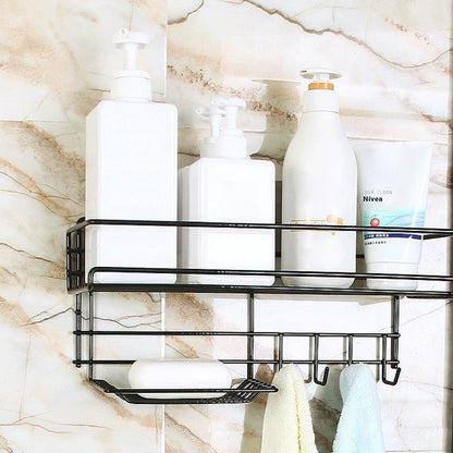 Punch-free bathroom storage rack mounted on the wall for organizing toiletries