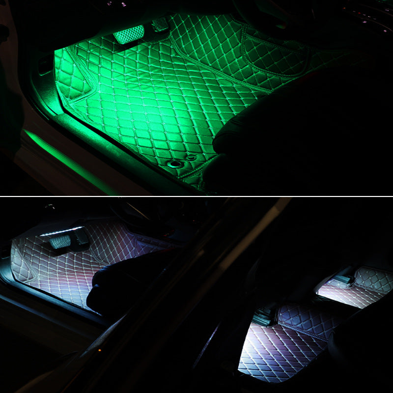 Cool LED car atmosphere lights, one-for-four colorful interior lighting kit shown installed in a vehicle.