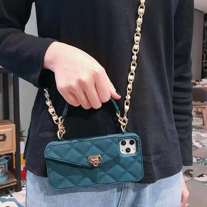 Luxury women's mobile phone case with inclined chain lanyard, shown in a sleek design