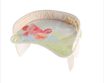 Baby car seat tray table with cup holder and activity surface, viewed from above