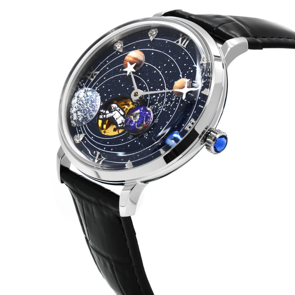 Men's mechanical watch with hollowed-out design and leather strap