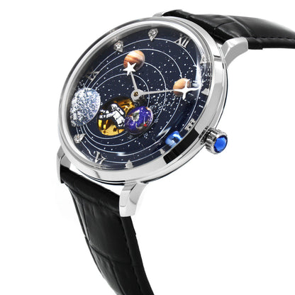 Men's mechanical watch with hollowed-out design and leather strap