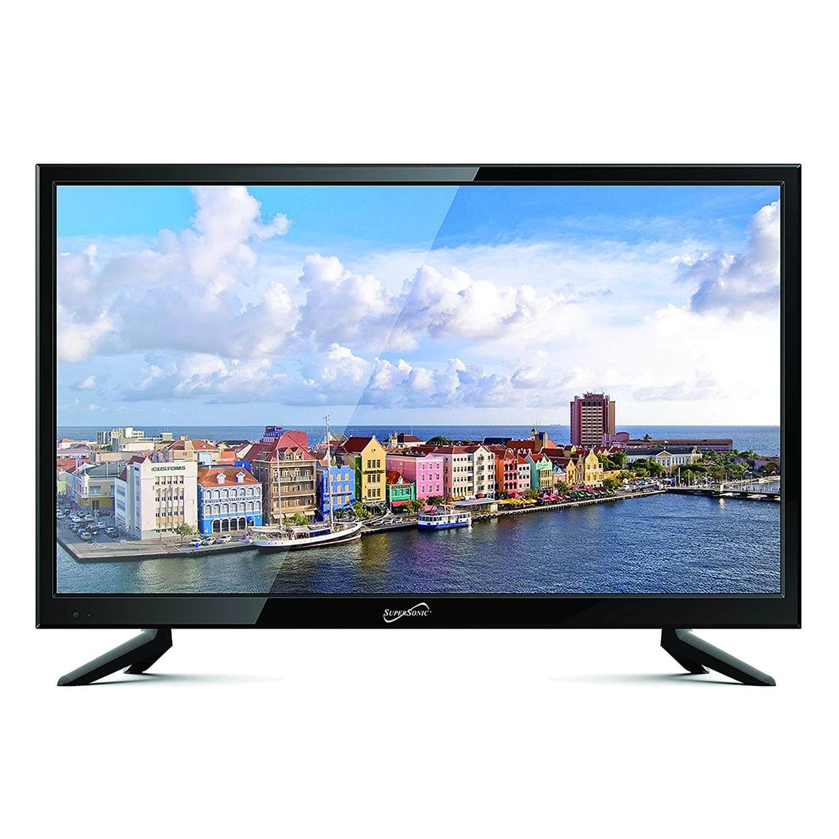 Supersonic 19-inch 12V LED HDTV with widescreen display, USB and HDMI ports, suitable for portable or vehicle use.