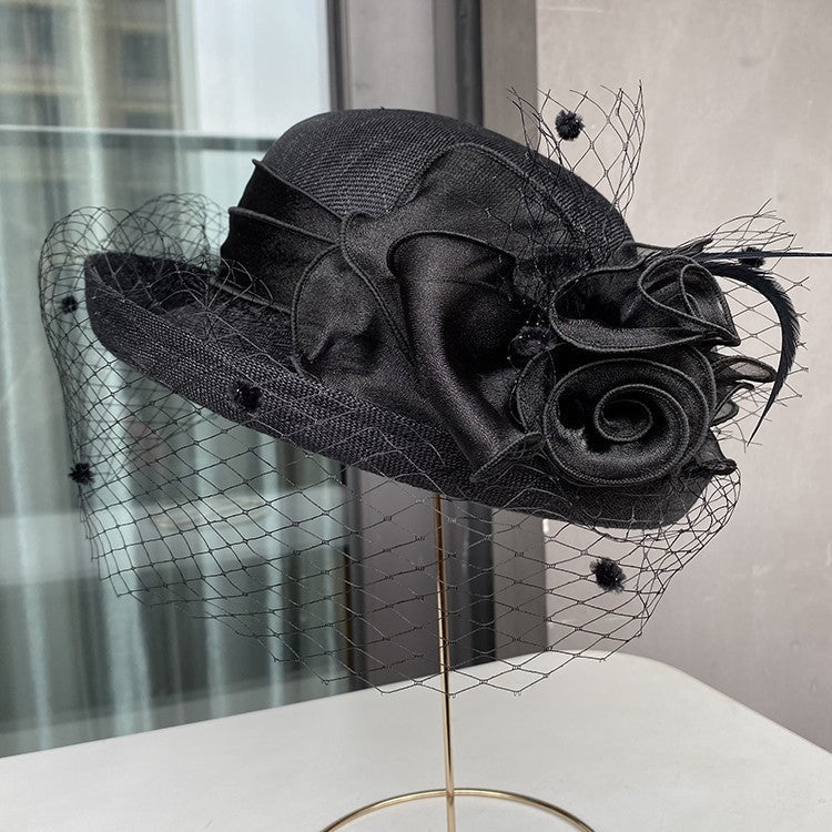 Banquet flower top hat with curled brim sun hat featuring a decorative flower detail