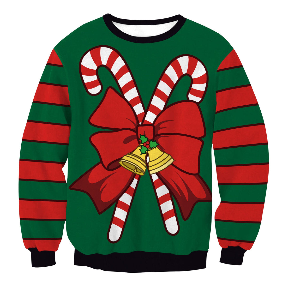 Men's Christmas tree striped digital print sweater in festive green and red design