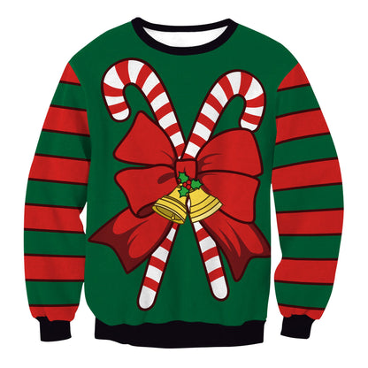 Men's Christmas tree striped digital print sweater in festive green and red design