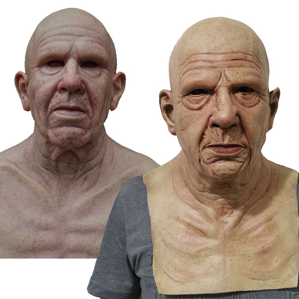 Old man mask with white hair and white beard headgear for Halloween