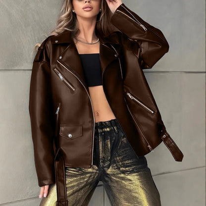 Women's boyfriend-style leather biker jacket front view