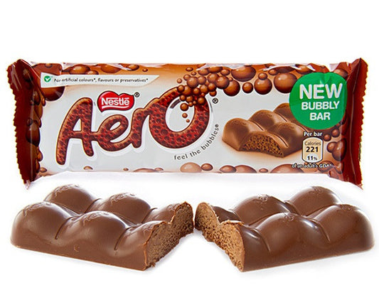 Nestle Aero Milk Chocolate bar, 36g, with smooth, bubbly milk chocolate visible in a close-up image.