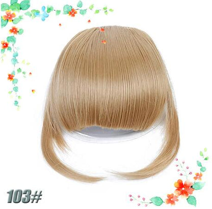 3D clip-in bangs hair extensions shown from the front, with layered synthetic hair and discreet clip attachment