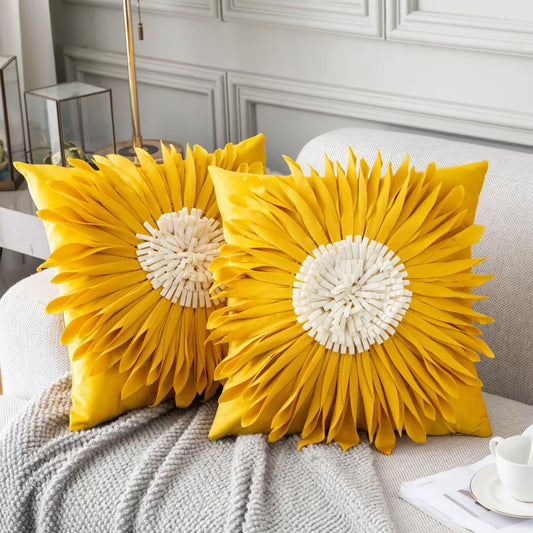 White velvet throw pillow with 3D chrysanthemum stitching and blue cushion case, modern style waist cushion