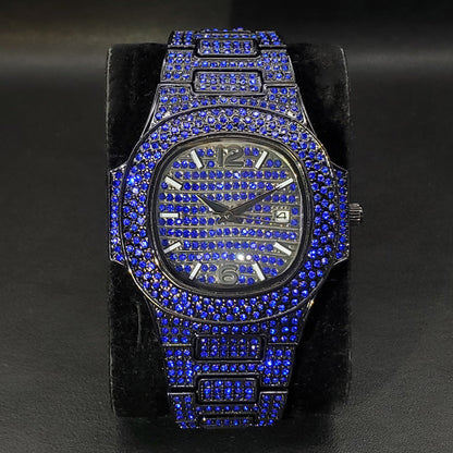 Full diamond rap hip hop watch with a bold, iced-out design and sparkling dial on a wrist-strapped timepiece