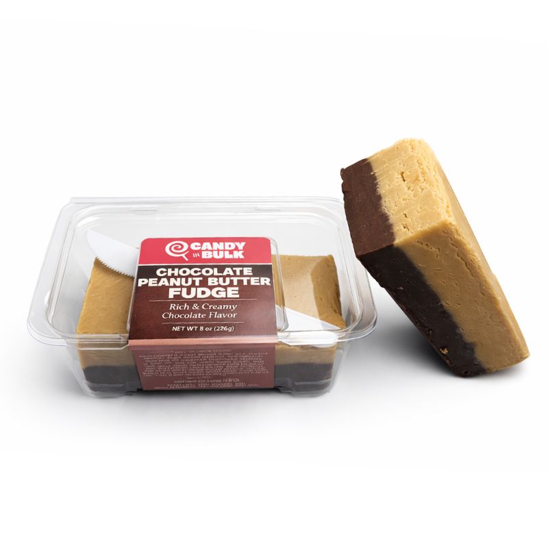 Chocolate peanut butter fudge squares by Candy In Bulk, creamy and rich dessert treats with a smooth chocolate and peanut butter flavor.