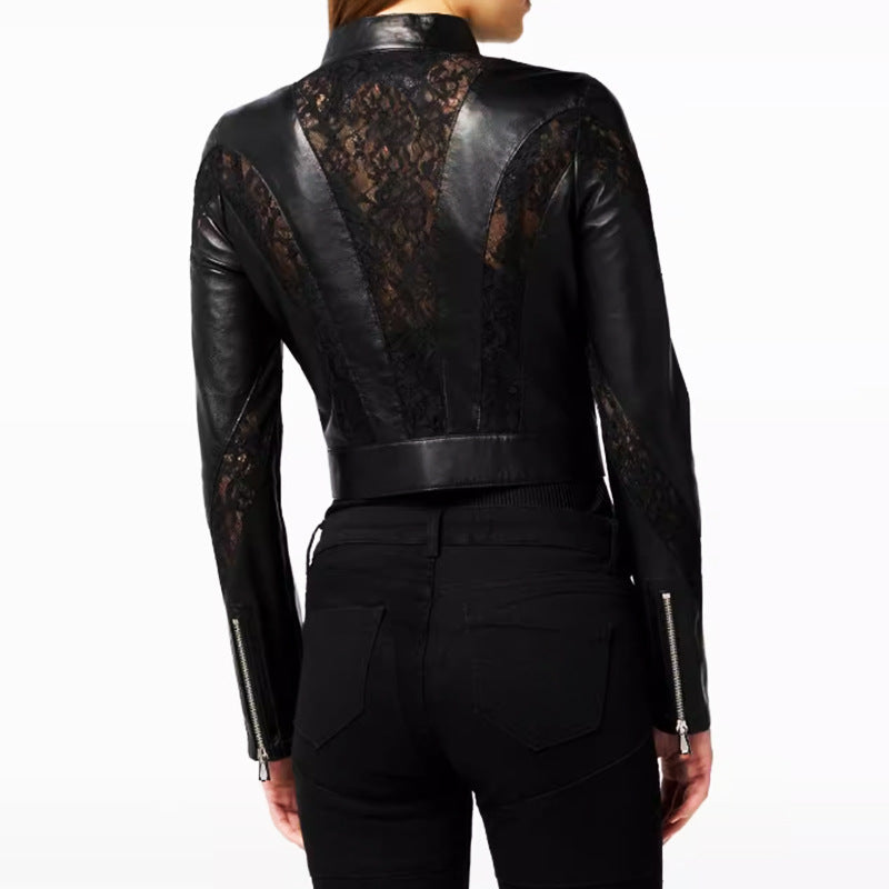 Faux leather lace patchwork cropped jacket in a stylish textured design
