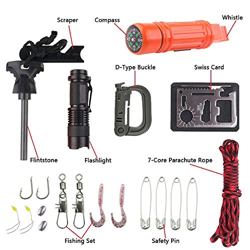 Outdoor travel SOS survival tool set with first aid box and fishing accessories in a compact field kit
