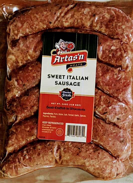 Fresh Sweet Italian Sausage from Artas'n Meats, showcasing plump, seasoned sausage links ready for cooking.