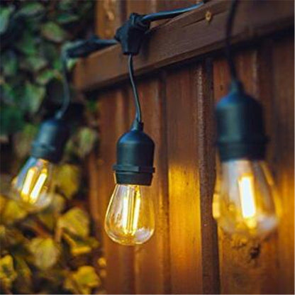 Outdoor waterproof S14 light string with multiple bulb sockets and weather-resistant cord on white background