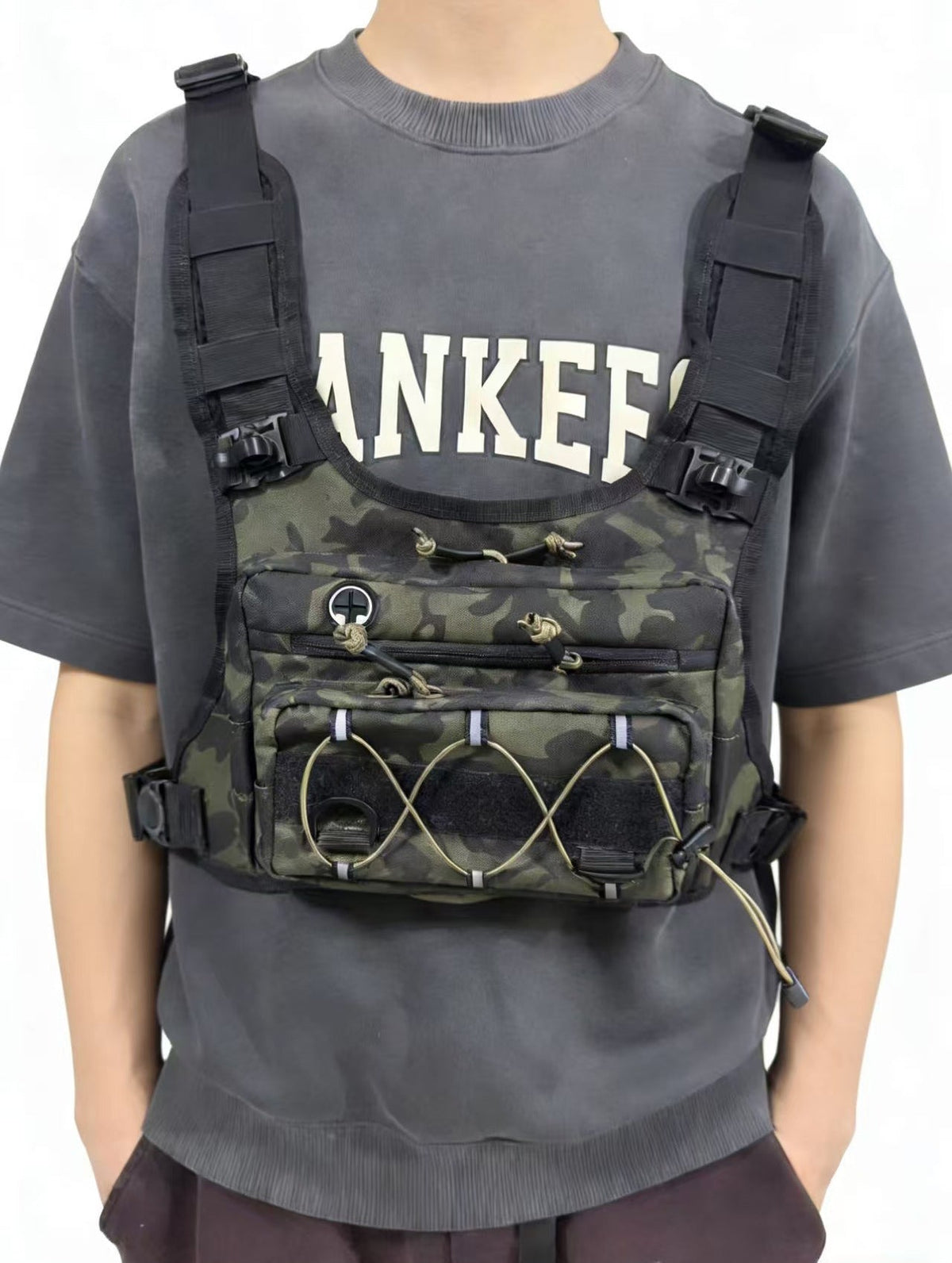 Tactical multi-functional chest pack for trail running, adjustable outdoor gear bag shown from the front