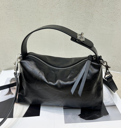 Top-grain cowhide hand-grain tote bag, versatile genuine leather women's handbag in brown