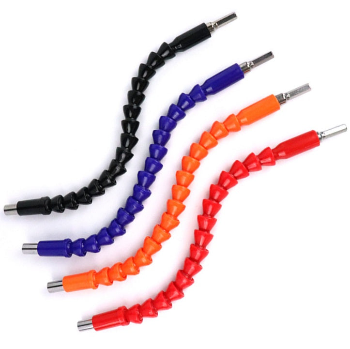 Flexible shaft drill bit holder, 1-piece tool for extending drill reach and accessing tight spaces