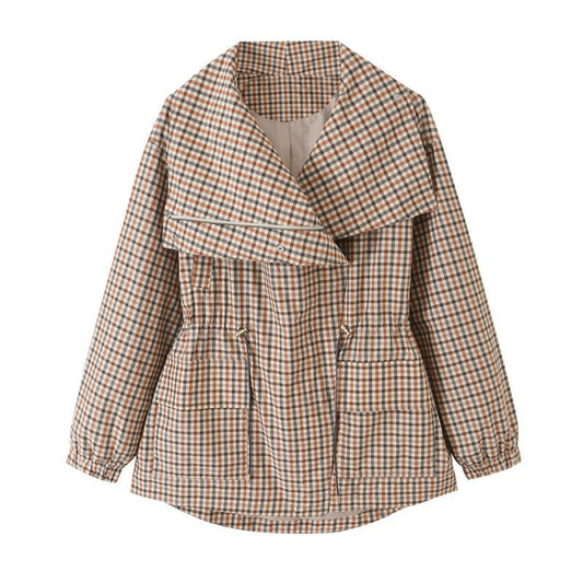 Women's autumn plaid trench coat with turn-down collar and drawstring waist