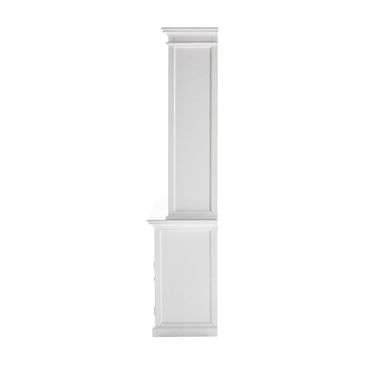 White 87-inch solid wood four-tier bookcase by BACKUPMYFILESNOW® with spacious shelves for storage and display.