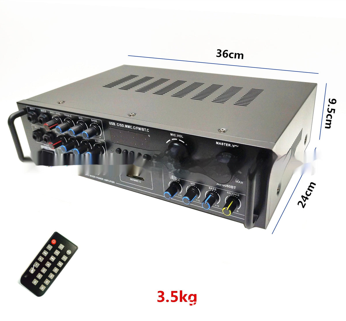 Car audio radio power amplifier, compact black design with visible terminals and controls