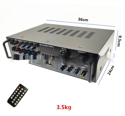 Car audio radio power amplifier, compact black design with visible terminals and controls