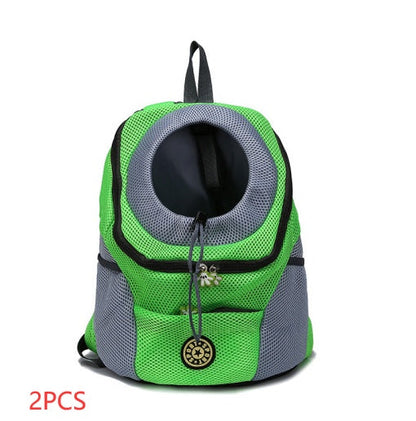 Pet backpack dog carrier in black with padded straps and breathable mesh panels