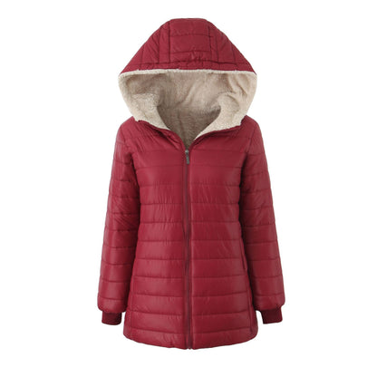 Women's warm hooded fleece-lined coat in a simple outdoor style