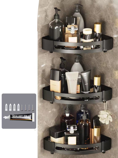 Triangle bathroom wall shelving storage rack with perforated metal design for towels, toiletries, and accessories