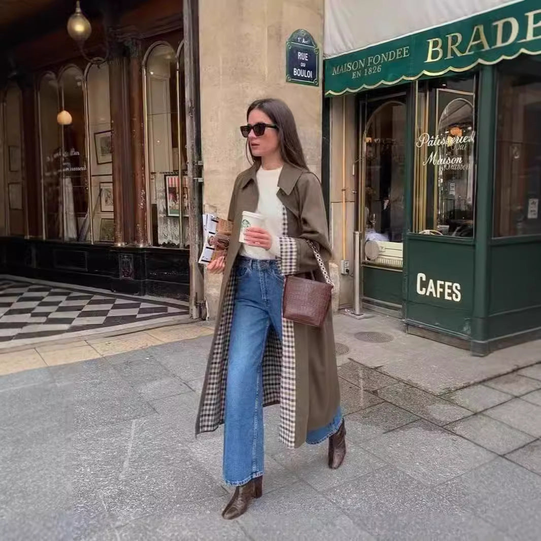 Women's khaki Polo Shirt trench coat, single-breasted front view