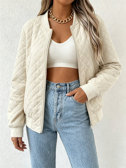 Women's woven quilted bomber jacket with zip-up front and stand collar for lightweight outerwear