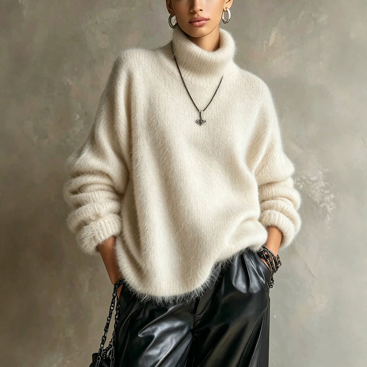 Women's solid-color loose-fitting turtleneck sweater in soft plush knit