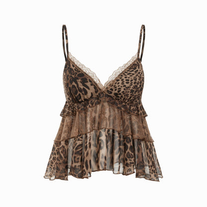 Leopard-print chiffon blouse with ruffled mesh details for women’s summer wear