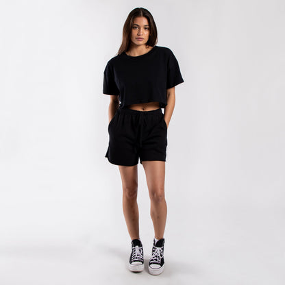 Women's loose cropped tee from POS Wholesale, casual crop top with relaxed fit and short sleeves, styled for everyday wear.