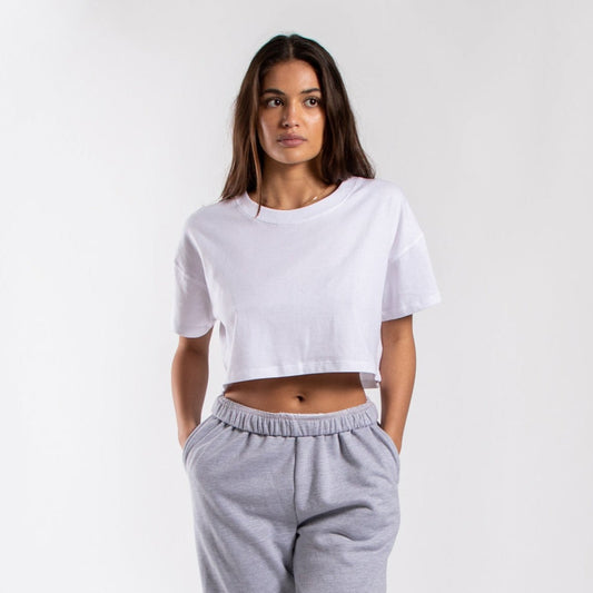 Women's loose cropped tee from POS Wholesale, featuring a relaxed fit and casual style, shown on a white background.