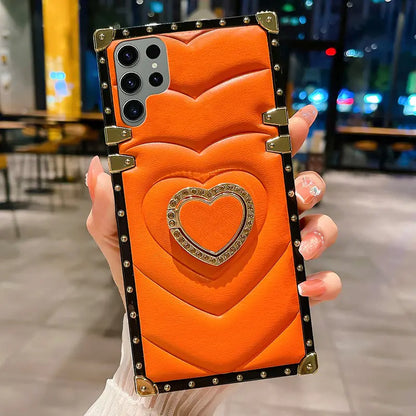 3D Love Heart Ring Holder Leather Case for Galaxy S21-23