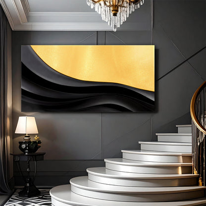 Black and gold minimalist abstract canvas artwork by Tailored Canvases featuring modern geometric design.