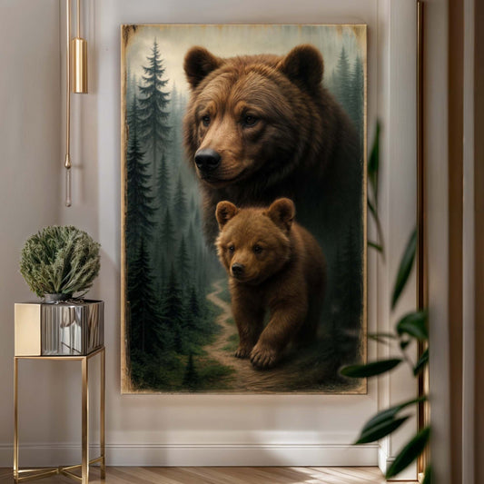Canvas wall art featuring a bear and cub in a wild landscape, by Tailored Canvases, showcasing nature-inspired wildlife imagery.