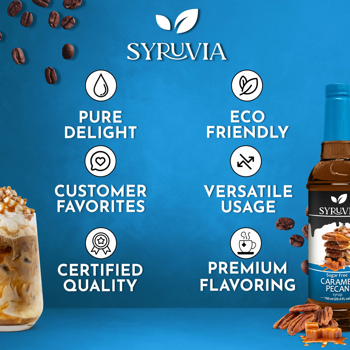 Syruvia sugar-free caramel pecan syrup in a glass bottle, showing its golden color and rich pecan flavor.
