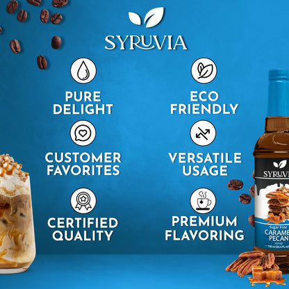 Syruvia sugar-free caramel pecan syrup in a glass bottle, showing its golden color and rich pecan flavor.