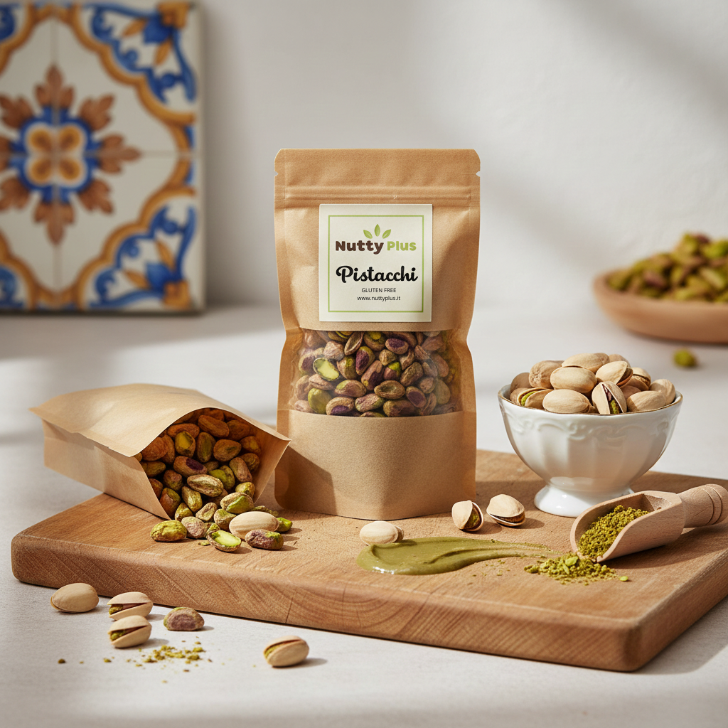 NuttyPlus shelled pistachios, Mediterranean dried fruit, close-up of green and tan pistachios in shell on white background
